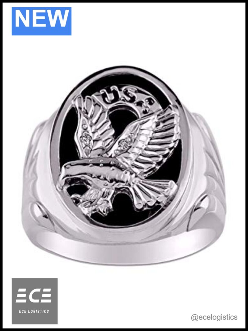 Men's Sterling Silver Eagle Ring with Diamonds and Onyx, Prong Set, Sizes 8-13